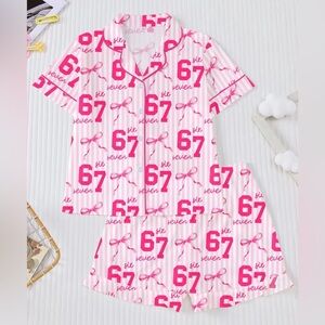 Girls Viral 67 Pajama Set Pink Bows Button Up Shorts NWT Size 12Y Coquette